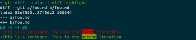 Git diff output with diff-highlight and colour