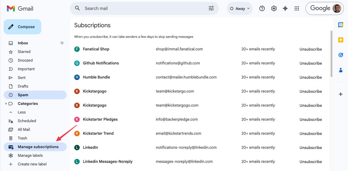 Gmail Manage Subscriptions page screenshot